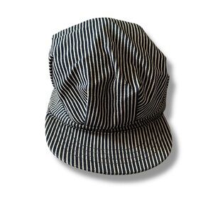 Vintage MCM Navy & White Railroad Cap Engineer Hat Cotton Classic Hickory Stripe
